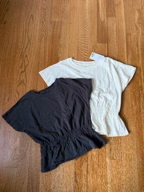 H&M Girls Short Sleeve Beaded Waist Defined Tees, Black and White, 6/7